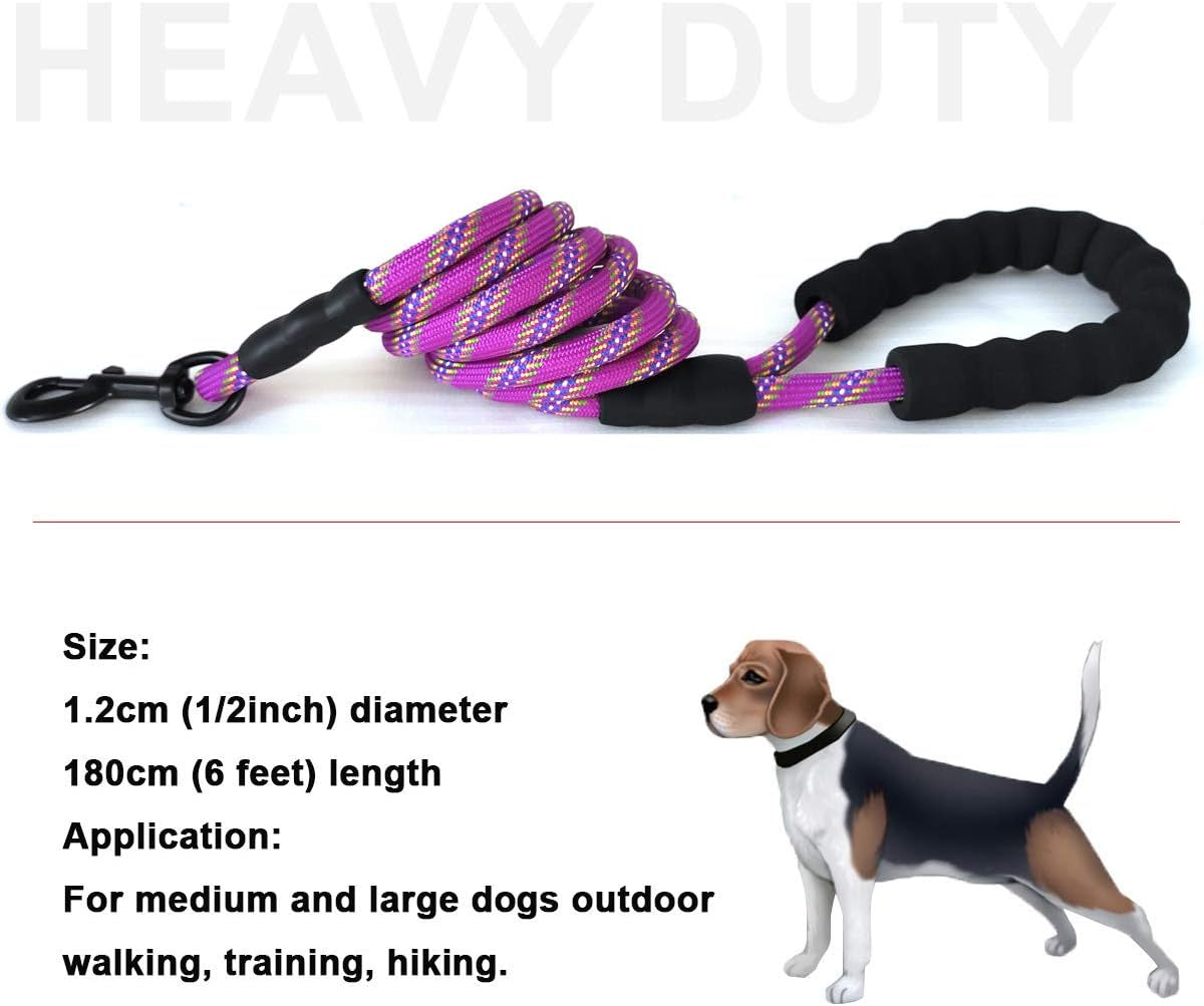 Heavy Duty Rope Dog Leash, 3/4/5/6/7/8/10/12/15 FT Nylon Pet Training Leash, Soft Padded Handle Thick Lead Leashes for Large Medium Dogs (6Ft*1/2", Purple)