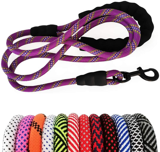 Heavy Duty Rope Dog Leash, 3/4/5/6/7/8/10/12/15 FT Nylon Pet Training Leash, Soft Padded Handle Thick Lead Leashes for Large Medium Dogs (6Ft*1/2", Purple)