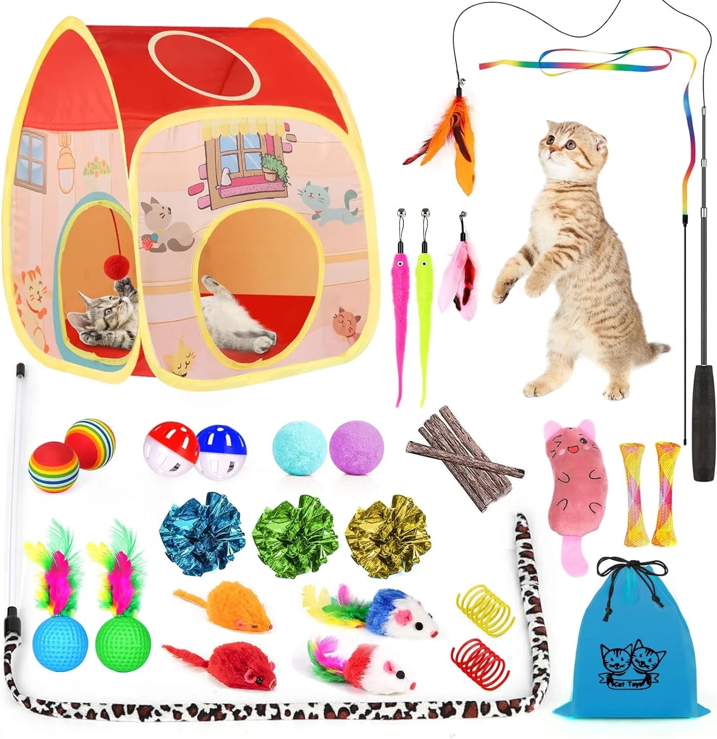 34Pcs Cat Toys Kitten Toys, Interactive Kitty Toys with Collapsible Cat Tunnels Tent, Cat Wand Catnip Feather Teaser - pet needs31301757458834Pcs Cat Toys Kitten Toys, Interactive Kitty Toys with Collapsible Cat Tunnels Tent, Cat Wand Catnip Feather Teaserpet needs