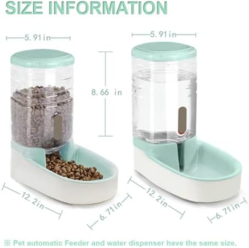 Cat/Dog High Capacity Feeder and Water Dispenser Set, Natural Gravity without Electricity, Water Storage Capacity 3.8L, Grain Storage Capacity 2.1Kg, Green