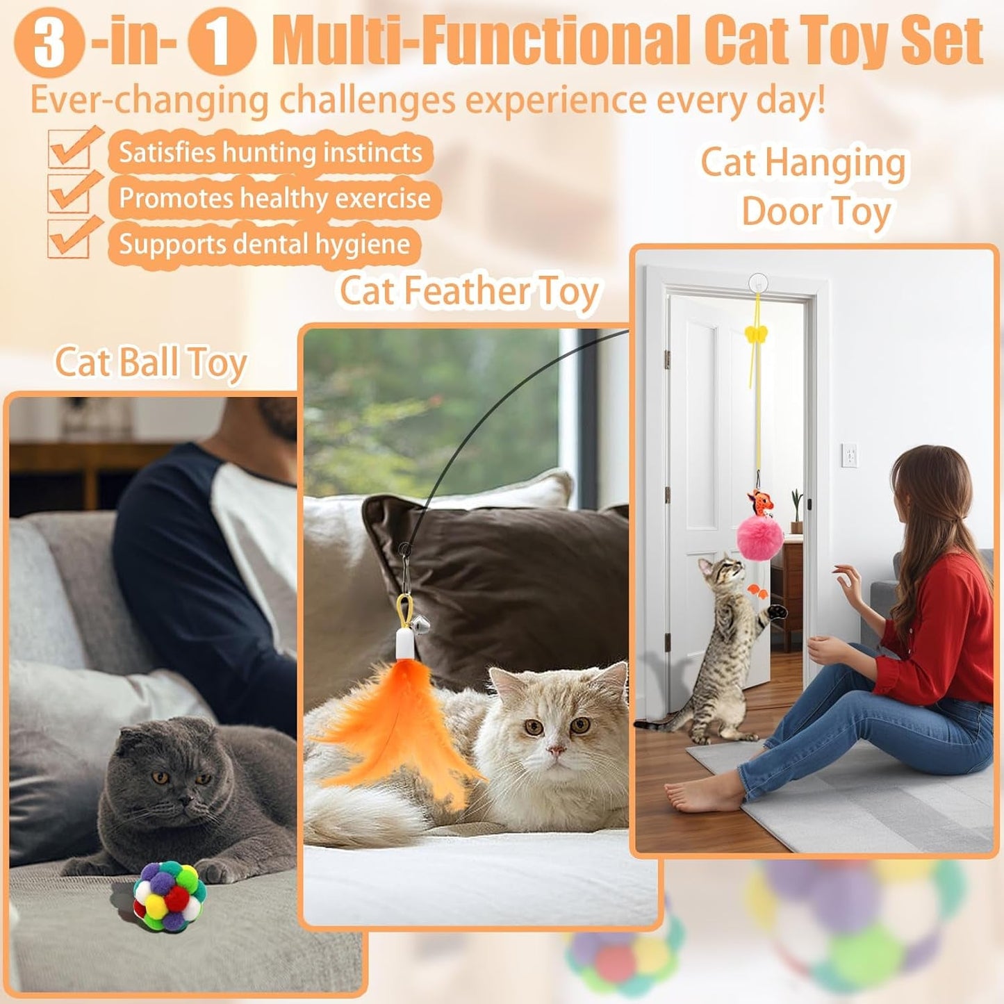 4 - In - 1 Interactive Cat Toys Set with Suction Cup Wand, Hanging Cat Toys, Fishing Pole Cat Wand & Kitten Balls - Includes Variety Replaceable Worms, Feathers for Indoor Bored Cats for Exercise - pet needs74450024104344 - In - 1 Interactive Cat Toys Set with Suction Cup Wand, Hanging Cat Toys, Fishing Pole Cat Wand & Kitten Balls - Includes Variety Replaceable Worms, Feathers for Indoor Bored Cats for ExerciseColorapet needs