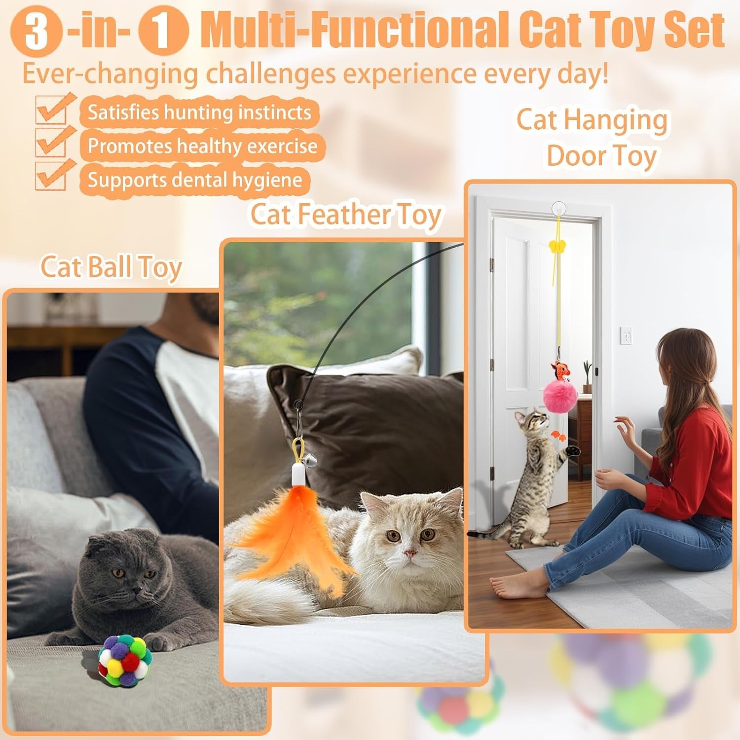 4 - In - 1 Interactive Cat Toys Set with Suction Cup Wand, Hanging Cat Toys, Fishing Pole Cat Wand & Kitten Balls - Includes Variety Replaceable Worms, Feathers for Indoor Bored Cats for Exercise - pet needs74450024104344 - In - 1 Interactive Cat Toys Set with Suction Cup Wand, Hanging Cat Toys, Fishing Pole Cat Wand & Kitten Balls - Includes Variety Replaceable Worms, Feathers for Indoor Bored Cats for ExerciseColorapet needs
