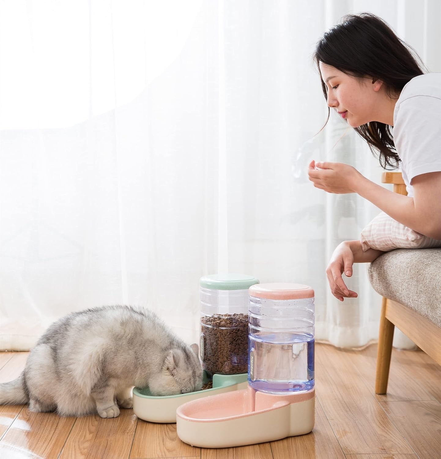 Cat/Dog High Capacity Feeder and Water Dispenser Set, Natural Gravity without Electricity, Water Storage Capacity 3.8L, Grain Storage Capacity 2.1Kg, Green