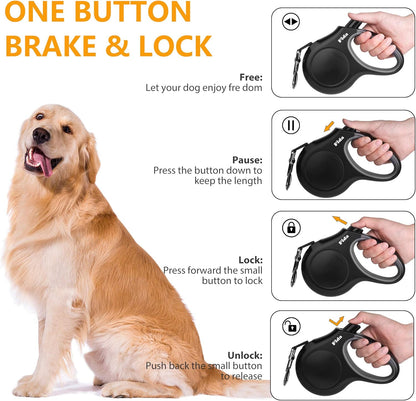 Retractable Dog Leash with Dispenser and Poop Bags, 16 Ft Pet Walking Leash for Medium Dog or Cat up to 44 Lbs, Anti-Slip Handle, Tangle-Free, Reflective Nylon Tape (M, Black)