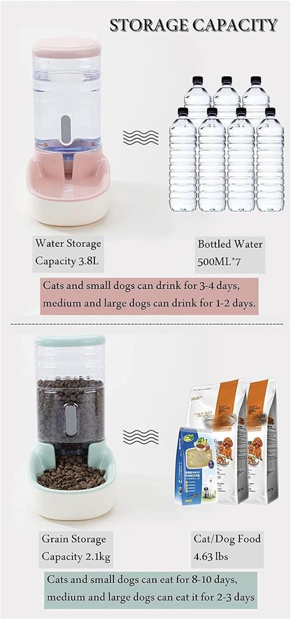 Cat/Dog High Capacity Feeder and Water Dispenser Set, Natural Gravity without Electricity, Water Storage Capacity 3.8L, Grain Storage Capacity 2.1Kg, Green