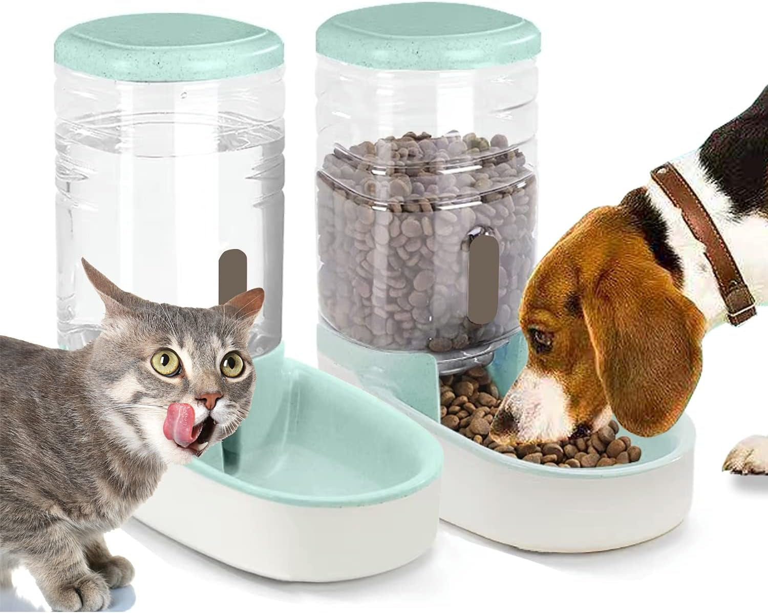 Cat/Dog High Capacity Feeder and Water Dispenser Set, Natural Gravity without Electricity, Water Storage Capacity 3.8L, Grain Storage Capacity 2.1Kg, Green