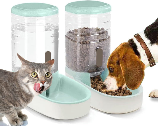 Cat/Dog High Capacity Feeder and Water Dispenser Set, Natural Gravity without Electricity, Water Storage Capacity 3.8L, Grain Storage Capacity 2.1Kg, Green