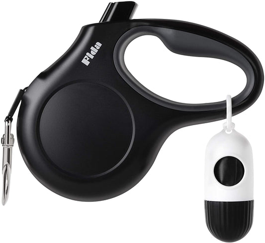 Retractable Dog Leash with Dispenser and Poop Bags, 16 Ft Pet Walking Leash for Medium Dog or Cat up to 44 Lbs, Anti-Slip Handle, Tangle-Free, Reflective Nylon Tape (M, Black)