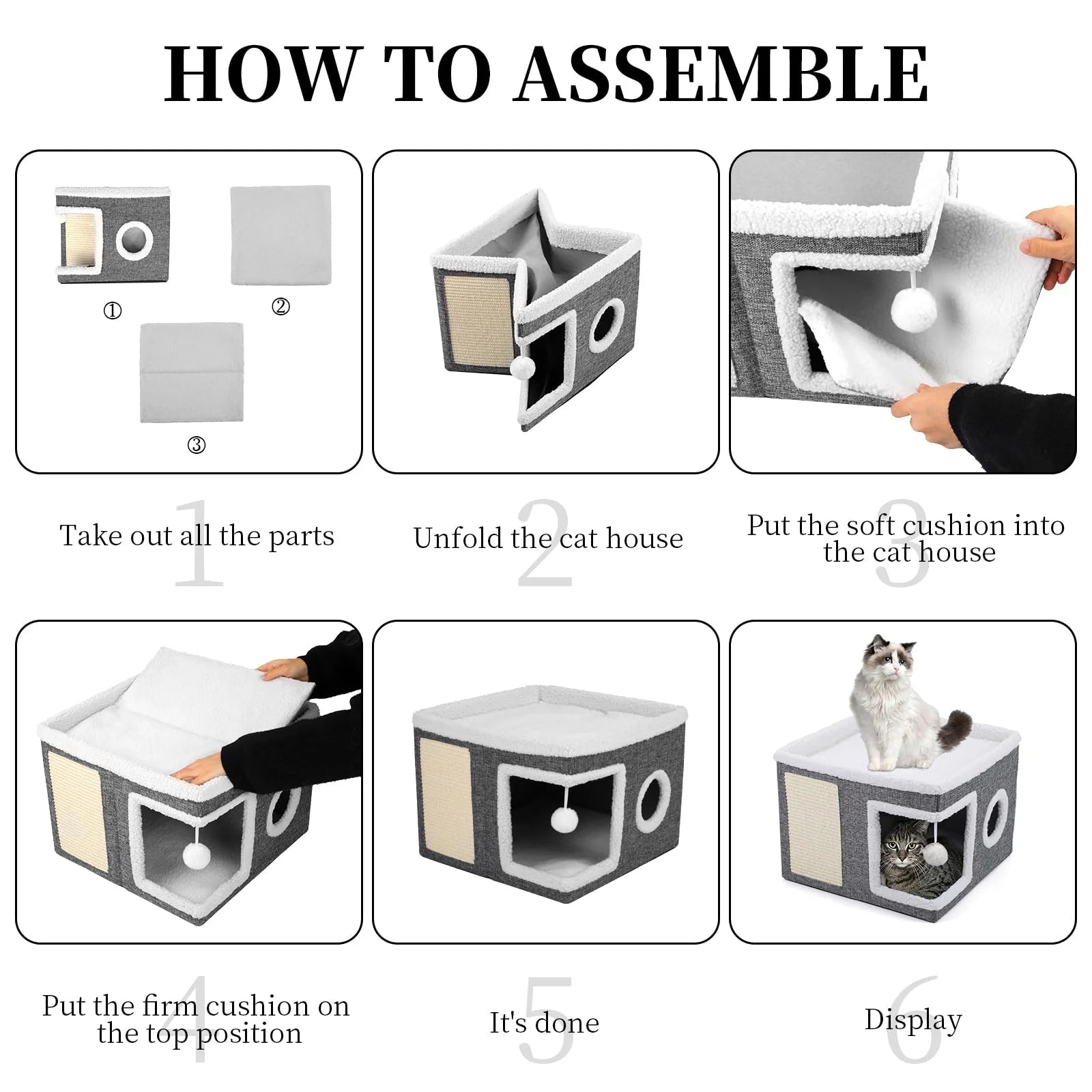 Cat Beds for Indoor Cats,Large Cat House for Pet Cat Cave with Scratch Pad and Fluffy Hanging Ball,Foldable Cat Cube Hideaway,Grey - pet needs313018829854Cat Beds for Indoor Cats,Large Cat House for Pet Cat Cave with Scratch Pad and Fluffy Hanging Ball,Foldable Cat Cube Hideaway,GreySingle - StoreyGrayGraypet needs