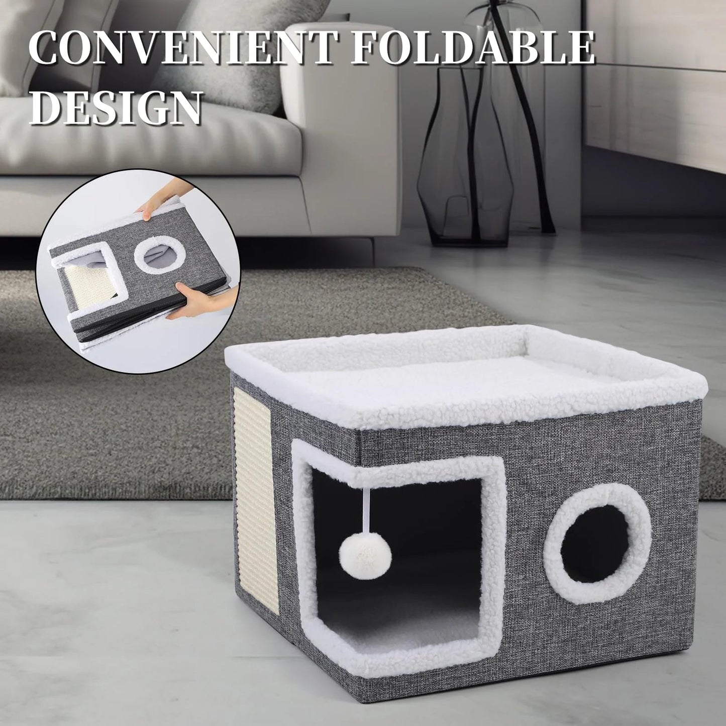 Cat Beds for Indoor Cats,Large Cat House for Pet Cat Cave with Scratch Pad and Fluffy Hanging Ball,Foldable Cat Cube Hideaway,Grey - pet needs313018829854Cat Beds for Indoor Cats,Large Cat House for Pet Cat Cave with Scratch Pad and Fluffy Hanging Ball,Foldable Cat Cube Hideaway,GreySingle - StoreyGrayGraypet needs