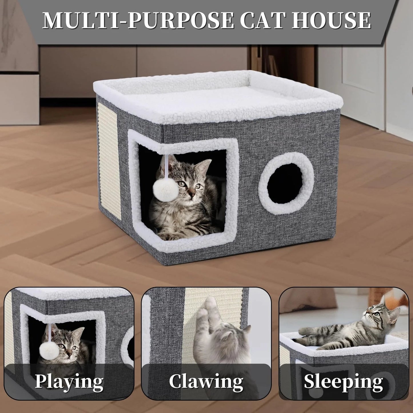 Cat Beds for Indoor Cats,Large Cat House for Pet Cat Cave with Scratch Pad and Fluffy Hanging Ball,Foldable Cat Cube Hideaway,Grey - pet needs313018829854Cat Beds for Indoor Cats,Large Cat House for Pet Cat Cave with Scratch Pad and Fluffy Hanging Ball,Foldable Cat Cube Hideaway,GreySingle - StoreyGrayGraypet needs
