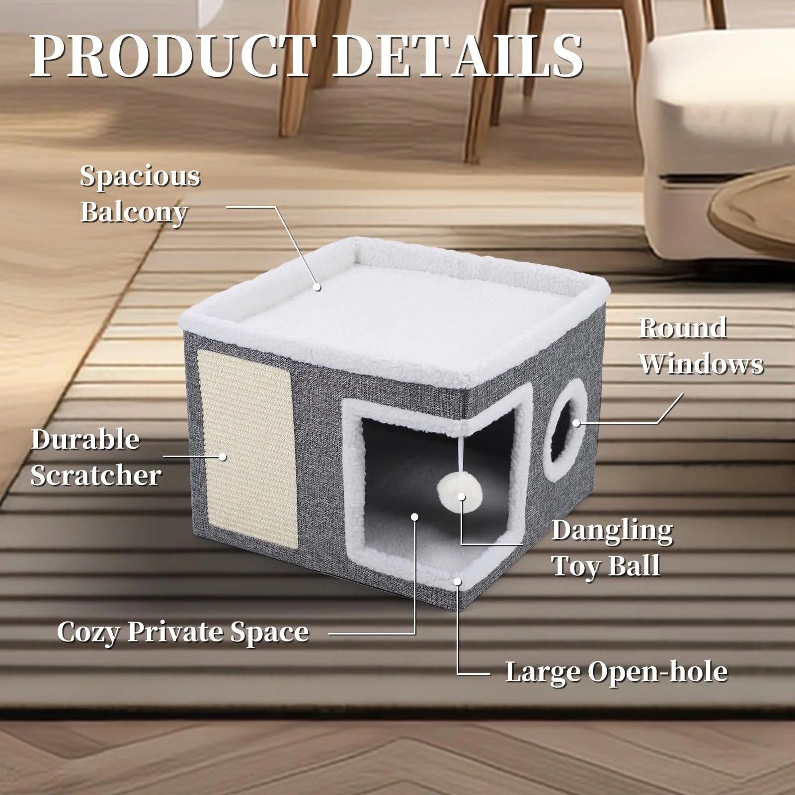 Cat Beds for Indoor Cats,Large Cat House for Pet Cat Cave with Scratch Pad and Fluffy Hanging Ball,Foldable Cat Cube Hideaway,Grey - pet needs313018829854Cat Beds for Indoor Cats,Large Cat House for Pet Cat Cave with Scratch Pad and Fluffy Hanging Ball,Foldable Cat Cube Hideaway,GreySingle - StoreyGrayGraypet needs