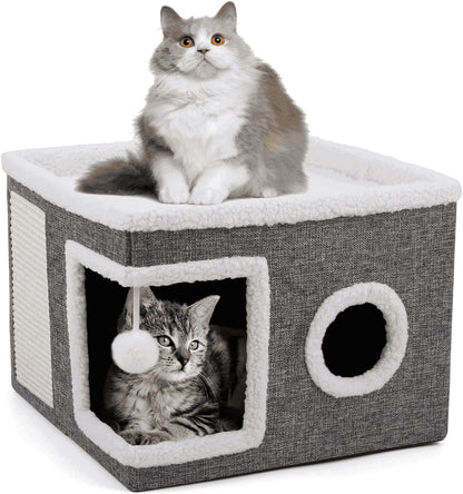 Cat Beds for Indoor Cats,Large Cat House for Pet Cat Cave with Scratch Pad and Fluffy Hanging Ball,Foldable Cat Cube Hideaway,Grey - pet needs313018829854Cat Beds for Indoor Cats,Large Cat House for Pet Cat Cave with Scratch Pad and Fluffy Hanging Ball,Foldable Cat Cube Hideaway,GreySingle - StoreyGrayGraypet needs