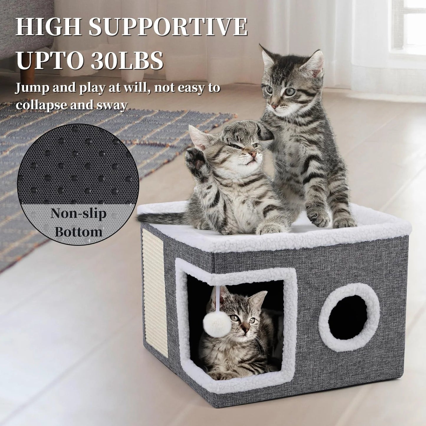 Cat Beds for Indoor Cats,Large Cat House for Pet Cat Cave with Scratch Pad and Fluffy Hanging Ball,Foldable Cat Cube Hideaway,Grey - pet needs313018829854Cat Beds for Indoor Cats,Large Cat House for Pet Cat Cave with Scratch Pad and Fluffy Hanging Ball,Foldable Cat Cube Hideaway,GreySingle - StoreyGrayGraypet needs