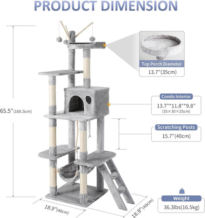 Cat Tree for Indoor Cats, 65.5 Inches Multi - Level Cat Tower Cat Tree with Hammock, Scratching Posts, Top Perch, Ladder, Cat Activity Tree Cat Condo with Toys, Cat Climbing Tower for Kitten Play - pet needs313041261201Cat Tree for Indoor Cats, 65.5 Inches Multi - Level Cat Tower Cat Tree with Hammock, Scratching Posts, Top Perch, Ladder, Cat Activity Tree Cat Condo with Toys, Cat Climbing Tower for Kitten Playpet needs