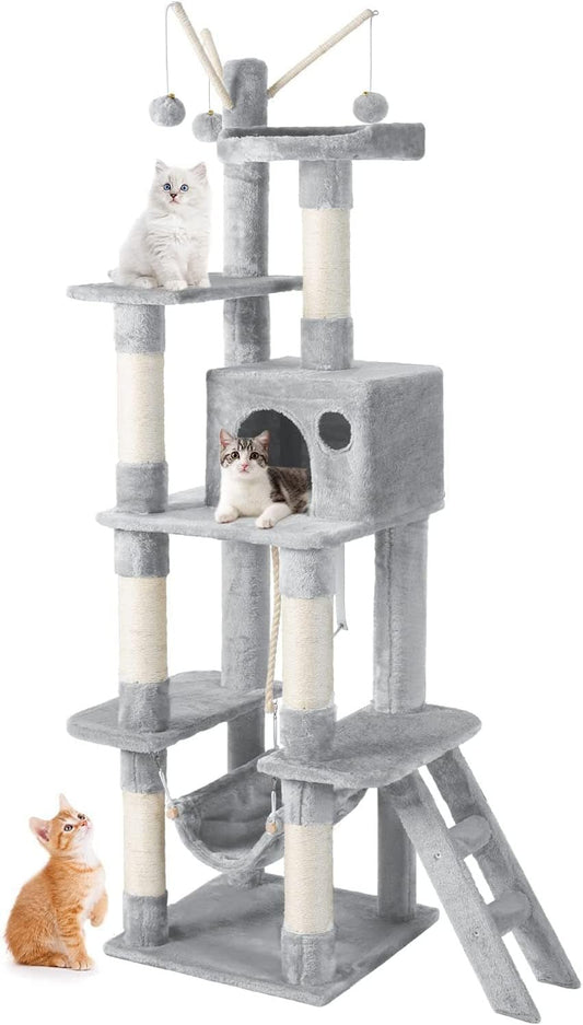 Cat Tree for Indoor Cats, 65.5 Inches Multi - Level Cat Tower Cat Tree with Hammock, Scratching Posts, Top Perch, Ladder, Cat Activity Tree Cat Condo with Toys, Cat Climbing Tower for Kitten Play - pet needs313041261201Cat Tree for Indoor Cats, 65.5 Inches Multi - Level Cat Tower Cat Tree with Hammock, Scratching Posts, Top Perch, Ladder, Cat Activity Tree Cat Condo with Toys, Cat Climbing Tower for Kitten Playpet needs