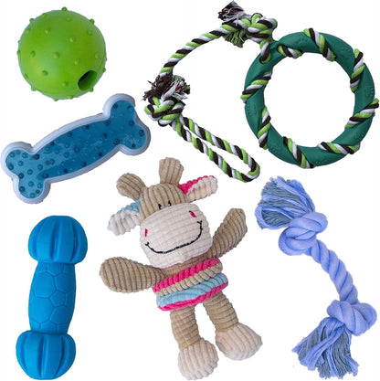 Dog Chew Toy Set for Small to Medium Breeds, Includes All Natural Rubber, Cotton, Ball & Rope Toys, Ideal Puppy Chew Toys for Teething, Reduces Destructive Chewing & Anxiety (Pack of 6) - pet needs7445043635698Dog Chew Toy Set for Small to Medium Breeds, Includes All Natural Rubber, Cotton, Ball & Rope Toys, Ideal Puppy Chew Toys for Teething, Reduces Destructive Chewing & Anxiety (Pack of 6)Cow Chew Toy Setpet needs