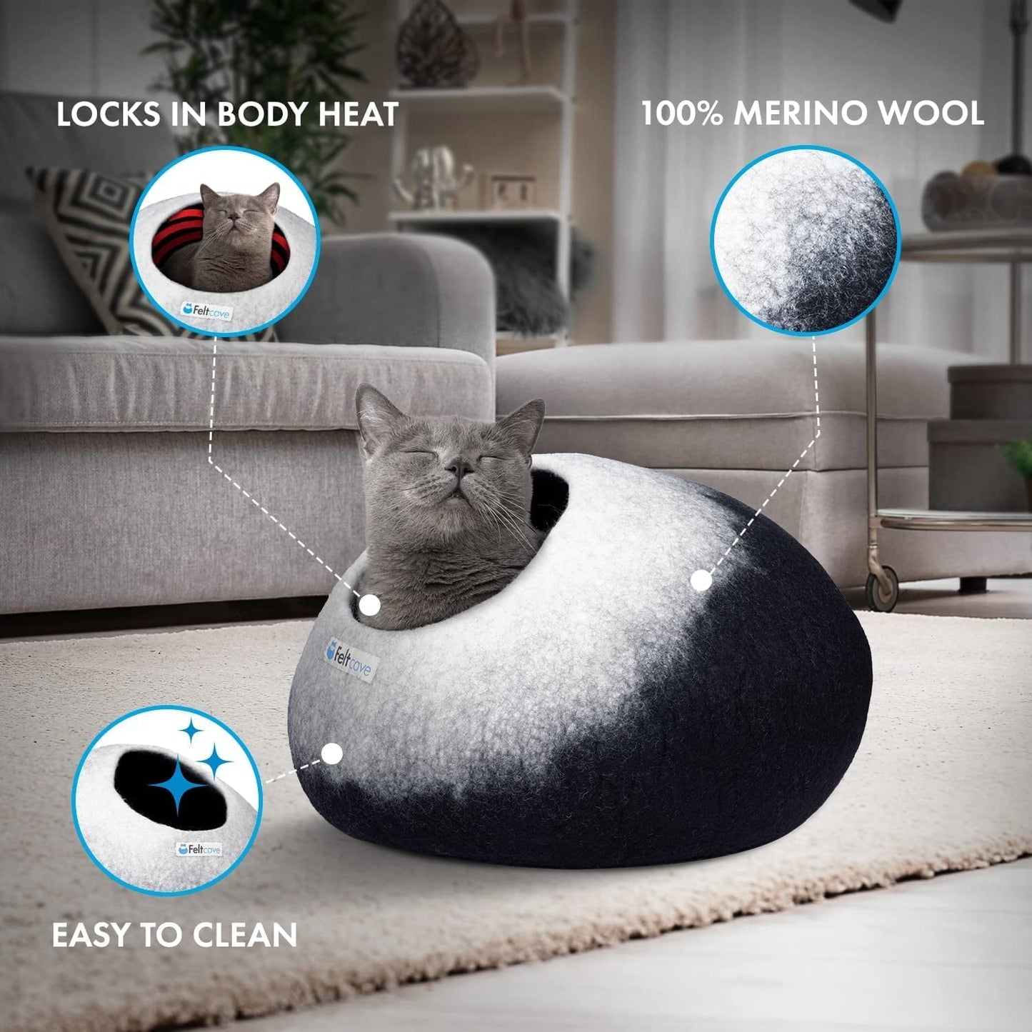 Medium Cat Cave Bed | Black & White | Cute and Cozy Cat Cave Handcrafted Merino Wool | Hideaway for Indoor Cats | Warming Nest for Kitty | Washable Wool Fabric - Gift for Pets - pet needs726084634749Medium Cat Cave Bed | Black & White | Cute and Cozy Cat Cave Handcrafted Merino Wool | Hideaway for Indoor Cats | Warming Nest for Kitty | Washable Wool Fabric - Gift for Petspet needs