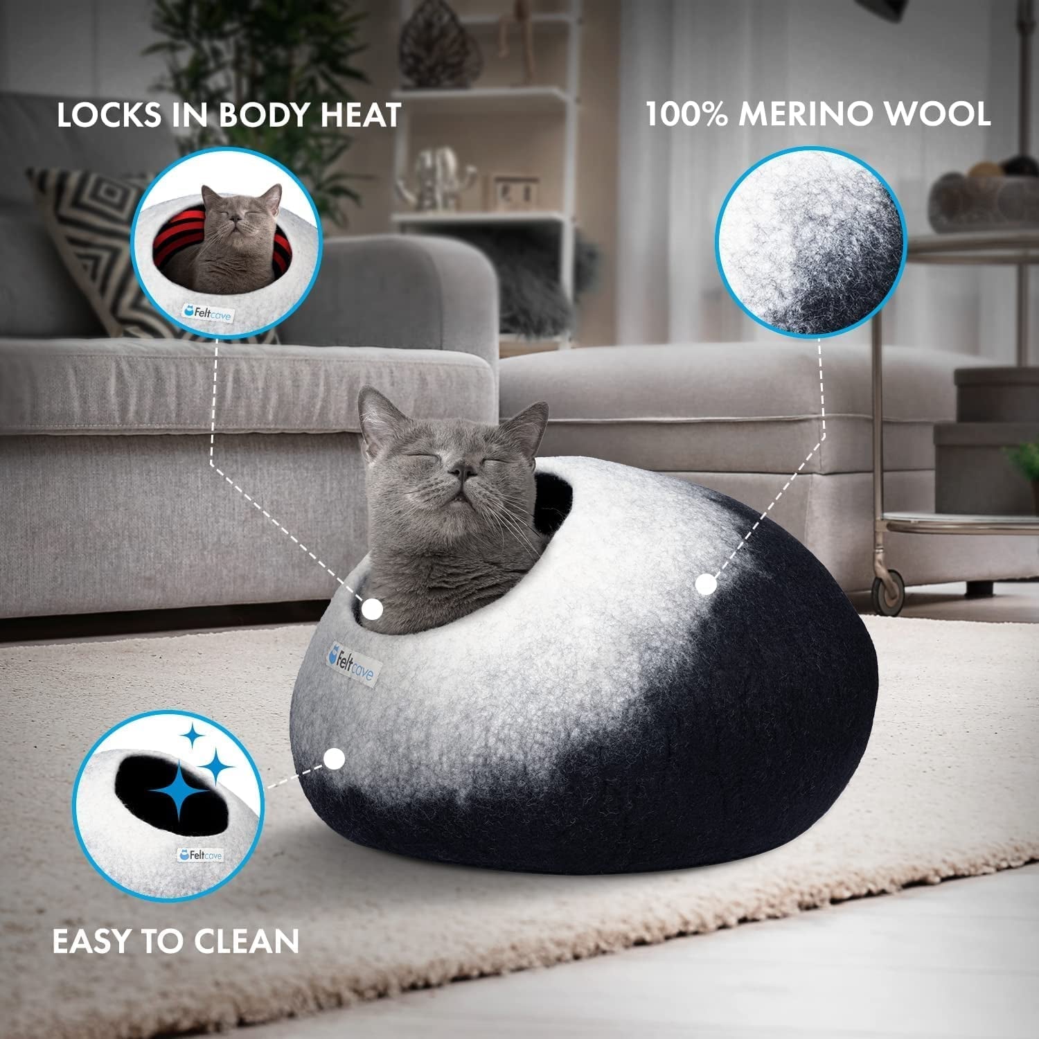 Medium Cat Cave Bed | Black & White | Cute and Cozy Cat Cave Handcrafted Merino Wool | Hideaway for Indoor Cats | Warming Nest for Kitty | Washable Wool Fabric - Gift for Pets - pet needs726084634749Medium Cat Cave Bed | Black & White | Cute and Cozy Cat Cave Handcrafted Merino Wool | Hideaway for Indoor Cats | Warming Nest for Kitty | Washable Wool Fabric - Gift for Petspet needs