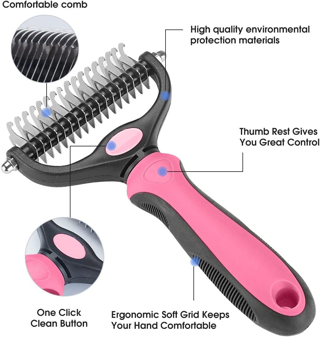 Pet Grooming Tool - 2 Sided Undercoat Rake for Cats and Dogs - Safe Dematting Comb for Easy Mats & Tangles Removing - No More Nasty Shedding and Flying Hair - pet needs313032061070Pet Grooming Tool - 2 Sided Undercoat Rake for Cats and Dogs - Safe Dematting Comb for Easy Mats & Tangles Removing - No More Nasty Shedding and Flying HairPinkOtherOtherpet needs
