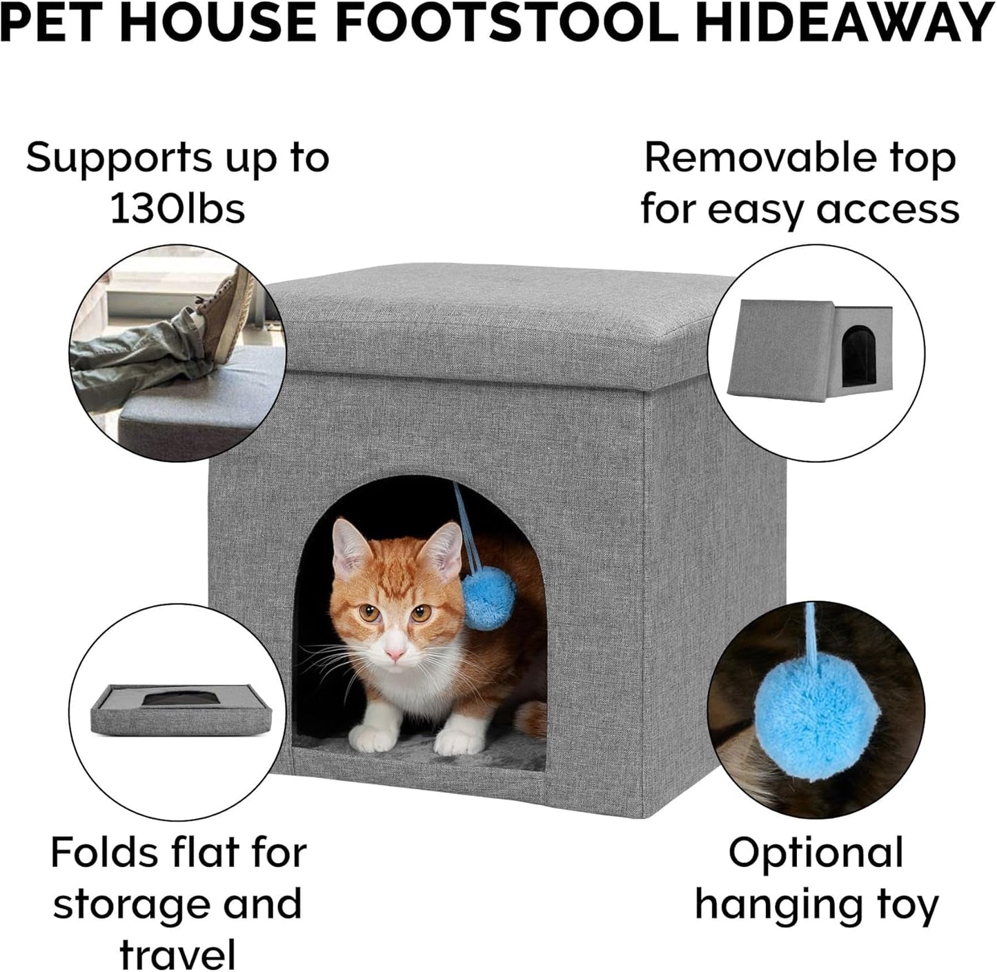 Pet House for Indoor Cats & Small Dogs, Collapsible & Foldable W/ Plush Ball Toy - Living Room Footstool Cat Condo - Stormy Gray, Small - pet needs705353104954Pet House for Indoor Cats & Small Dogs, Collapsible & Foldable W/ Plush Ball Toy - Living Room Footstool Cat Condo - Stormy Gray, Smallpet needs