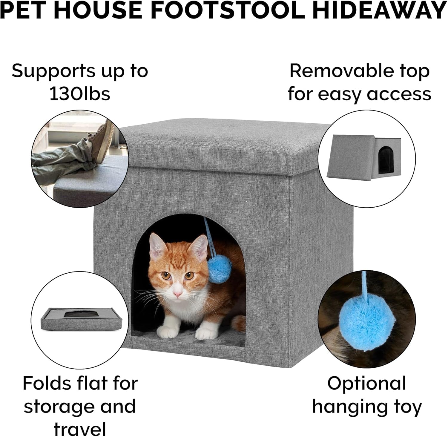 Pet House for Indoor Cats & Small Dogs, Collapsible & Foldable W/ Plush Ball Toy - Living Room Footstool Cat Condo - Stormy Gray, Small - pet needs705353104954Pet House for Indoor Cats & Small Dogs, Collapsible & Foldable W/ Plush Ball Toy - Living Room Footstool Cat Condo - Stormy Gray, Smallpet needs