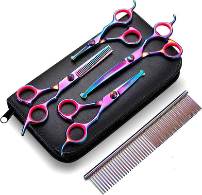 Professional 4CR Stainless Steel 6 in 1 Grooming Scissors for Dogs with Safety round Tip, Heavy Duty Titanium Coated Pet Grooming Scissor for Dogs, Cats and Other Animals - pet needs711181801576Professional 4CR Stainless Steel 6 in 1 Grooming Scissors for Dogs with Safety round Tip, Heavy Duty Titanium Coated Pet Grooming Scissor for Dogs, Cats and Other AnimalsColorful 6 In 1pet needs