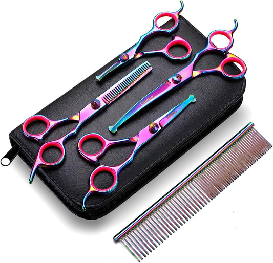 Professional 4CR Stainless Steel 6 in 1 Grooming Scissors for Dogs with Safety round Tip, Heavy Duty Titanium Coated Pet Grooming Scissor for Dogs, Cats and Other Animals - pet needs711181801576Professional 4CR Stainless Steel 6 in 1 Grooming Scissors for Dogs with Safety round Tip, Heavy Duty Titanium Coated Pet Grooming Scissor for Dogs, Cats and Other AnimalsColorful 6 In 1pet needs