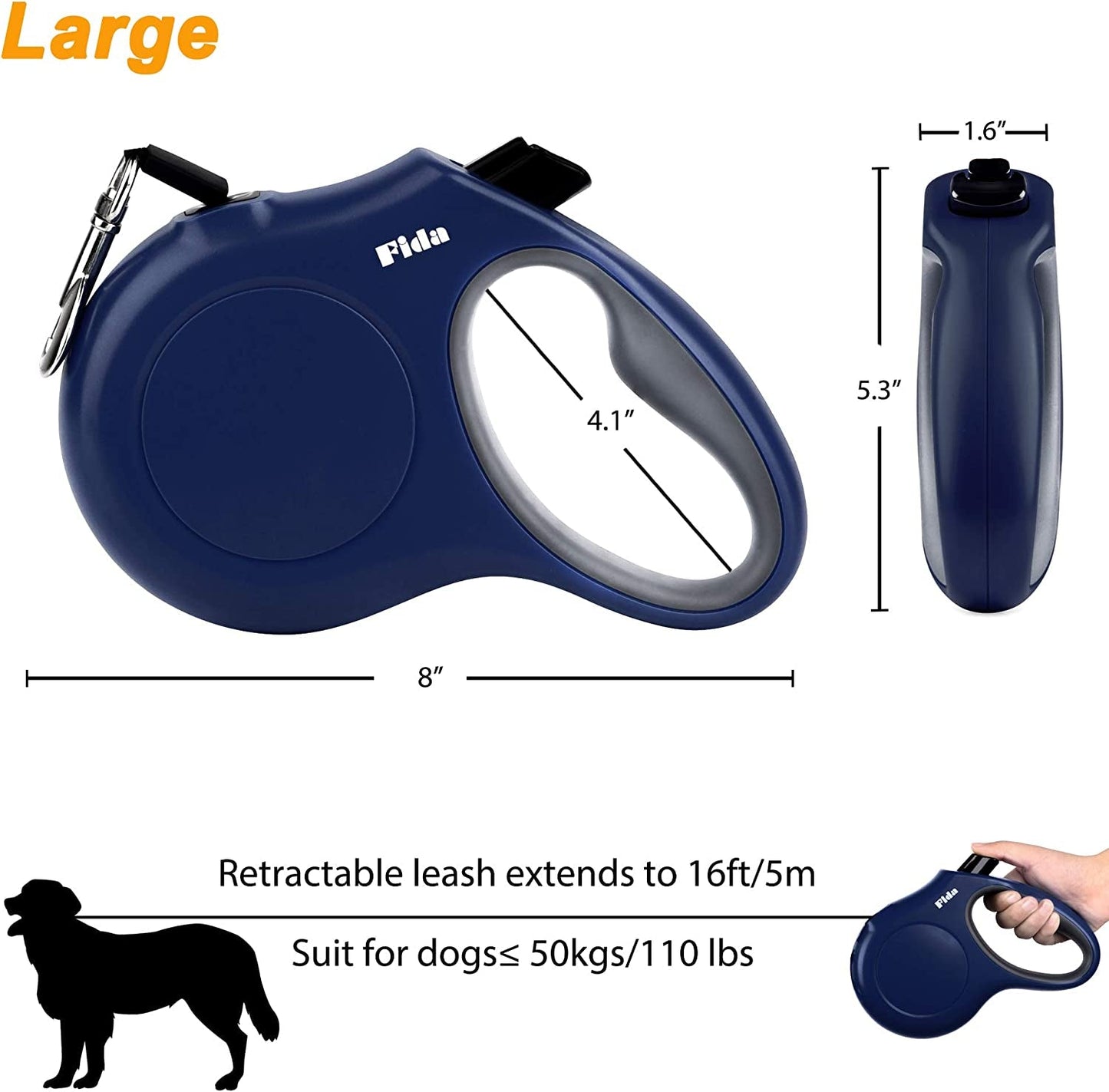 Retractable Dog Leash with Dispenser and Poop Bags, 16 Ft Pet Walking Leash for Large Dog up to 110 Lbs, Anti - Slip Handle, Tangle - Free, Reflective Nylon Tape (L, Navy Blue) - pet needs313026570502Retractable Dog Leash with Dispenser and Poop Bags, 16 Ft Pet Walking Leash for Large Dog up to 110 Lbs, Anti - Slip Handle, Tangle - Free, Reflective Nylon Tape (L, Navy Blue)Navy BlueLarge, 16FtLarge, 16Ftpet needs
