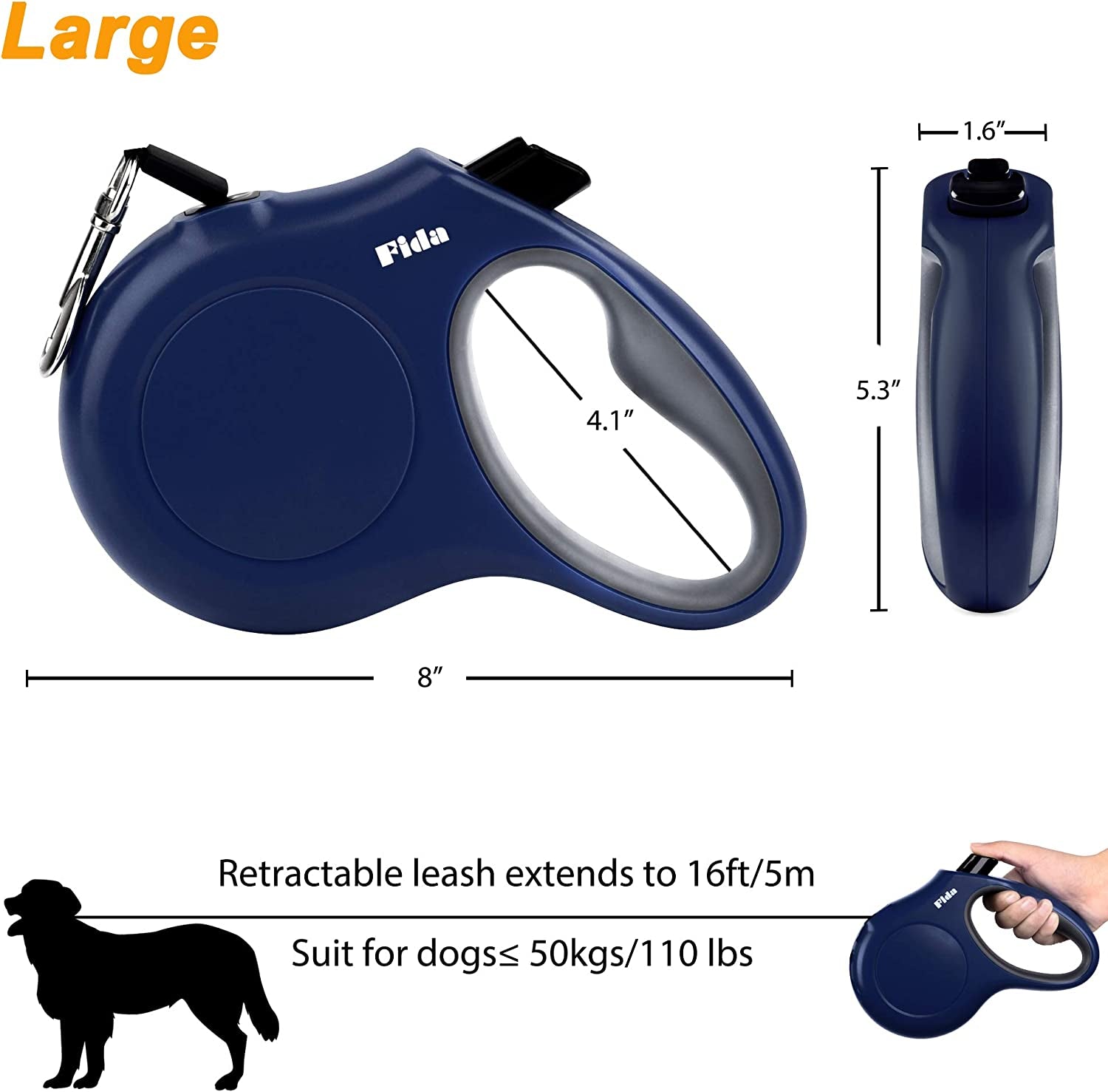 Retractable Dog Leash with Dispenser and Poop Bags, 16 Ft Pet Walking Leash for Large Dog up to 110 Lbs, Anti - Slip Handle, Tangle - Free, Reflective Nylon Tape (L, Navy Blue) - pet needs313026570502Retractable Dog Leash with Dispenser and Poop Bags, 16 Ft Pet Walking Leash for Large Dog up to 110 Lbs, Anti - Slip Handle, Tangle - Free, Reflective Nylon Tape (L, Navy Blue)Navy BlueLarge, 16FtLarge, 16Ftpet needs